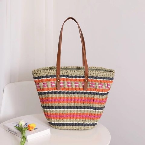 Borsa Tote In Paglia A Righe Colorate Con Tracolla In Pelle PU Grande Capacità Borsa A Spalla Intrecciata Da Spiaggia Per Donna