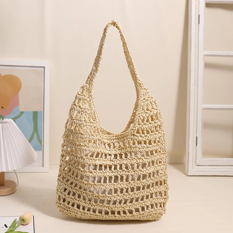 Damen Strohgewebte Tragetasche Ausgehöhlt Große Kapazität Schultertasche Mit Innenfutter Sommer Strandurlaub Französischer Stil