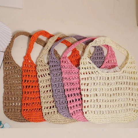 Damen Strohgewebte Tragetasche Ausgehöhlt Große Kapazität Schultertasche Mit Innenfutter Sommer Strandurlaub Französischer Stil