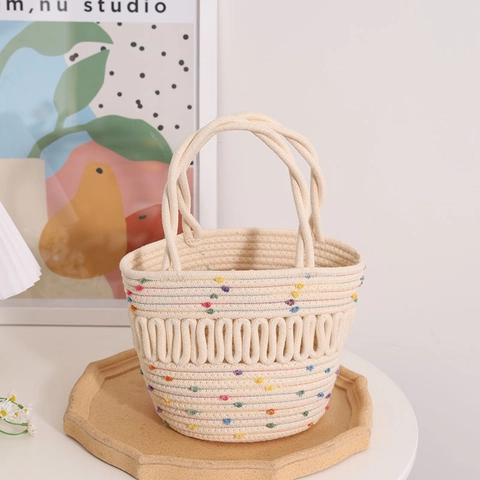 Τσάντα Bucket Από Πλεγμένο Βαμβακερό Σχοινί Πολύχρωμα Πομ Πόν Τσάντα Χειρός Boho Καλοκαιρινή Παραλία Για Γυναίκες
