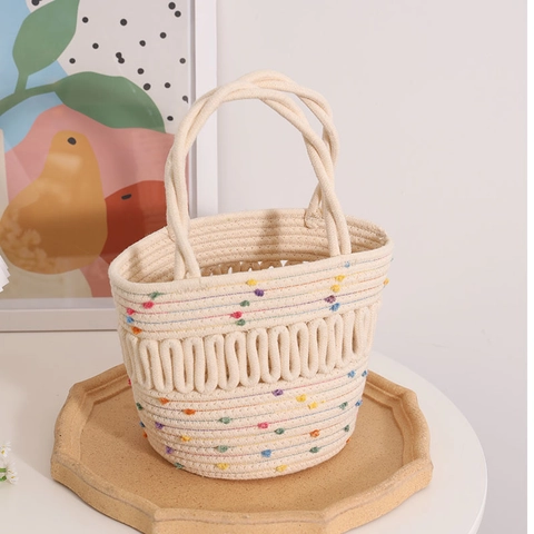 Τσάντα Bucket Από Πλεγμένο Βαμβακερό Σχοινί Πολύχρωμα Πομ Πόν Τσάντα Χειρός Boho Καλοκαιρινή Παραλία Για Γυναίκες
