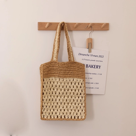 Bolso Tote Tejido A Mano De Paja De Papel Ganchillo Hombro Bloque De Color Playa Vacaciones Verano Mujer