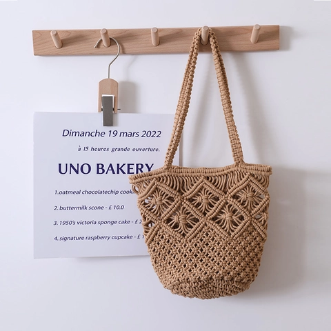 Women Macrame Woven Shoulder Bag Handmade Hollow Out Diamond Pattern Bohemian Beach Vacation Tote Cotton Rope Handbag