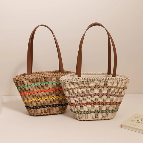 Borsa Tote In Paglia Intrecciata Da Donna Borsa A Spalla A Righe Colorate Per Vacanze Estive Al Mare Stile Francese In Ecopelle