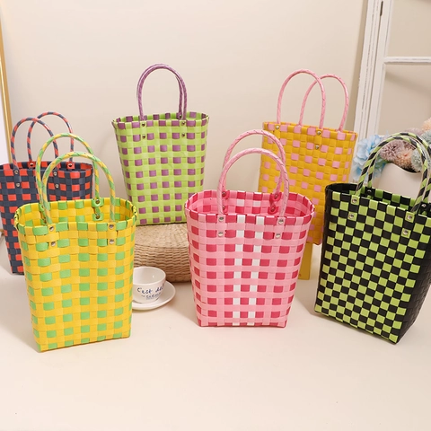 Borsa A Mano In Plastica Intrecciata A Scacchi Colorata Cesto Tote Impermeabile Per Spiaggia Picnic Shopping Quotidiano