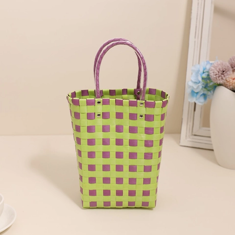 Borsa A Mano In Plastica Intrecciata A Scacchi Colorata Cesto Tote Impermeabile Per Spiaggia Picnic Shopping Quotidiano