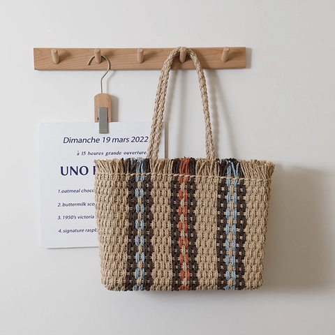 Borsa Tote In Paglia Intrecciata A Righe Multicolore Estate Spiaggia Vacanze Borsa A Spalla Con Frange E Nappine