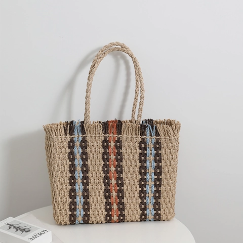 Borsa Tote In Paglia Intrecciata A Righe Multicolore Estate Spiaggia Vacanze Borsa A Spalla Con Frange E Nappine