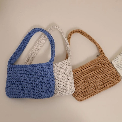 Handmade Crochet Shoulder Bag Solid Color Woven Square Handbag Minimalist Underarm Bag For Women