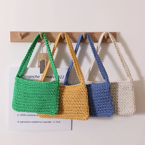 Handmade Crochet Shoulder Bag Solid Color Woven Square Handbag Minimalist Underarm Bag For Women