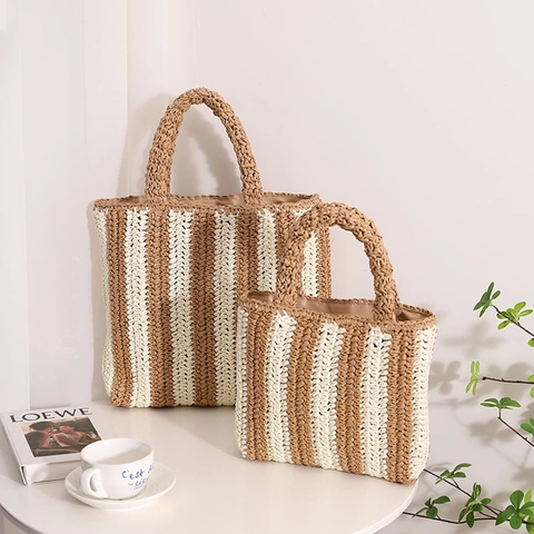 Striped Woven Straw Handbag Contrast Color Summer Beach Vacation Fashion Paper Rope Tote Women