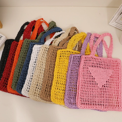 Women's Handmade Woven Straw Shoulder Bag Hollow Crochet Beach Tote Bag With Heart Triangle Pattern Summer Vacation Travel Bag