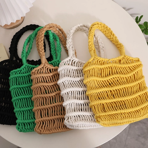 Handmade Women's Hollow Out Cotton Woven Handbag Summer Bohemian Mesh Beach Straw Bag Solid Color Daily Vacation Tote Bag