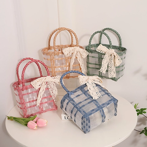 Borsa a Mano Intrecciata Mini da Donna Con Fiocco in Pizzo PVC Trasparente Griglia Borsa Tote Quadrata Per Vacanze Estive Spiaggia Quotidiano