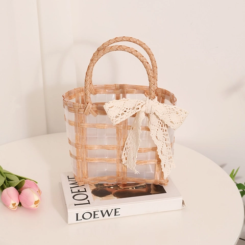 Borsa a Mano Intrecciata Mini da Donna Con Fiocco in Pizzo PVC Trasparente Griglia Borsa Tote Quadrata Per Vacanze Estive Spiaggia Quotidiano