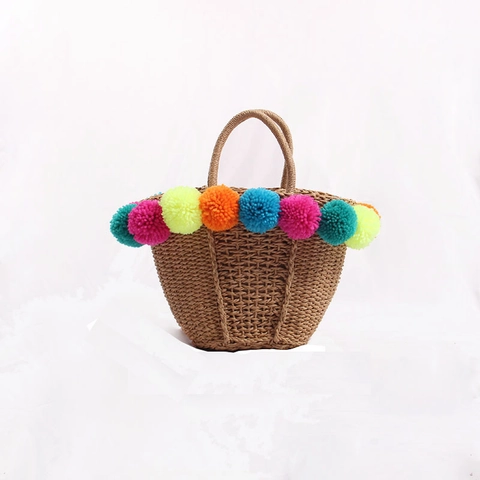 Summer Straw Woven Beach Bag With Colorful Pompoms Drawstring Closure Handmade Holiday Shoulder Tote Bag For Women