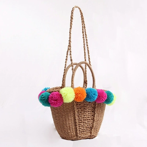 Summer Straw Woven Beach Bag With Colorful Pompoms Drawstring Closure Handmade Holiday Shoulder Tote Bag For Women