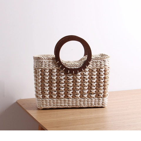 Bolso Tote Tejido De Paja Para Mujer Asa Redonda De Madera Hecho A Mano Verano Playa Vacaciones Color Contraste Retro