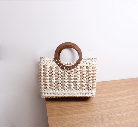 Bolso Tote Tejido De Paja Para Mujer Asa Redonda De Madera Hecho A Mano Verano Playa Vacaciones Color Contraste Retro