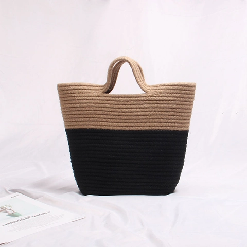 Borsa Tote In Paglia Intrecciata A Mano Per Donna Vacanze Estive In Spiaggia Design A Blocchi Di Colore Minimalista