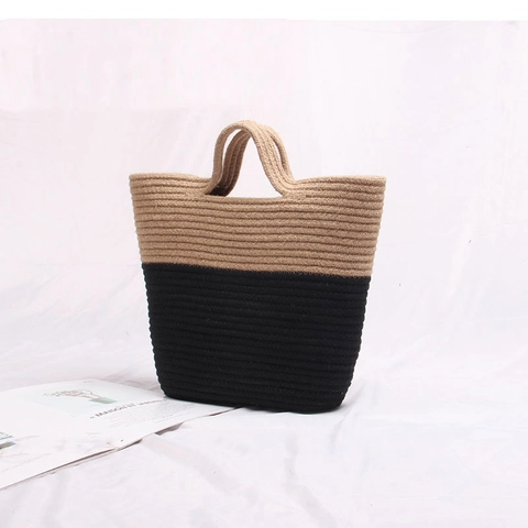 Borsa Tote In Paglia Intrecciata A Mano Per Donna Vacanze Estive In Spiaggia Design A Blocchi Di Colore Minimalista