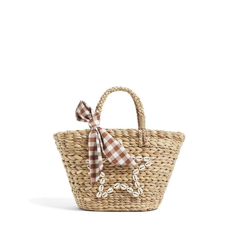 Handmade Straw Woven Handbag With Shell Star And Gingham Ribbon Summer Beach Vacation Bohemian Tote Bag Women