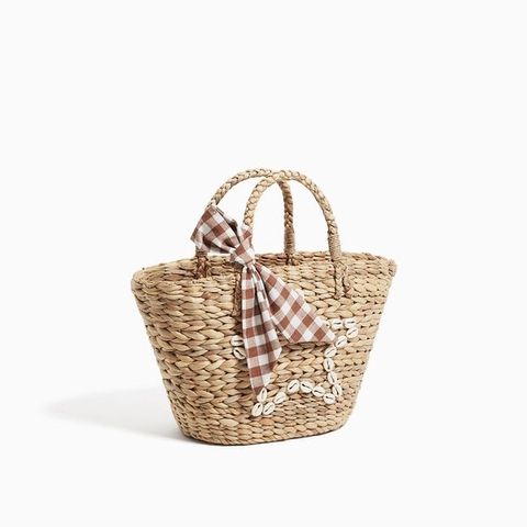 Handmade Straw Woven Handbag With Shell Star And Gingham Ribbon Summer Beach Vacation Bohemian Tote Bag Women