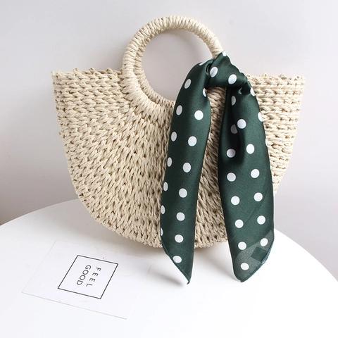 Bolso De Mano De Paja Tejida Semicírculo Bolso De Playa Con Asa Redonda Y Decoración De Bufanda De Satén Estilo Vacaciones Mujer