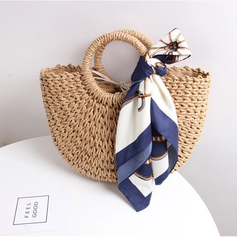 Bolso De Mano De Paja Tejida Semicírculo Bolso De Playa Con Asa Redonda Y Decoración De Bufanda De Satén Estilo Vacaciones Mujer