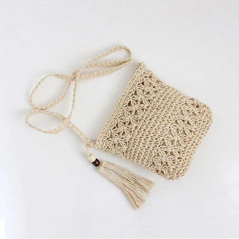 Borsa A Tracolla In Paglia Da Donna Fiore Traforato Tessuta A Mano Borsa A Spalla Con Nappa Perline Di Legno Spiaggia Estate Bohemien