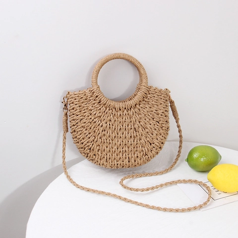 Borsa A Tracolla In Paglia Intrecciata Donna Mezza Luna Estate Spiaggia Vacanza Mano Stile Bohémien Con Coulisse
