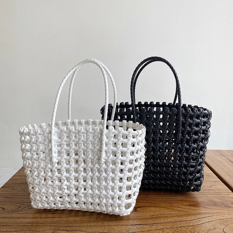 Women Woven Tote Handbag Hollow Plastic Straw Style Beach Holiday Fashion Simple Basket Bag