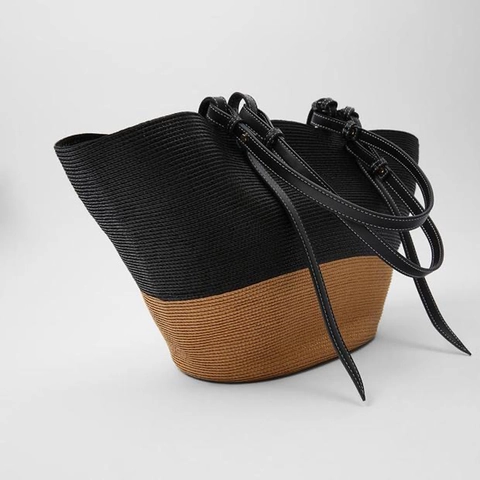 Dames Stro Geweven Tote Tas Grote Capaciteit Kleurblok Handgemaakte Mand Handtas Voor Zomer Strand Vakantie Reizen Eenvoudig