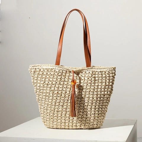 Borsa Tote In Paglia Intrecciata Grande Capacità Vacanze Al Mare Borsa Spalla Tracolla Pelle PU Nappa Chiusura Lampo
