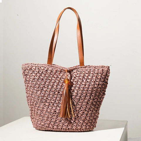 Borsa Tote In Paglia Intrecciata Grande Capacità Vacanze Al Mare Borsa Spalla Tracolla Pelle PU Nappa Chiusura Lampo