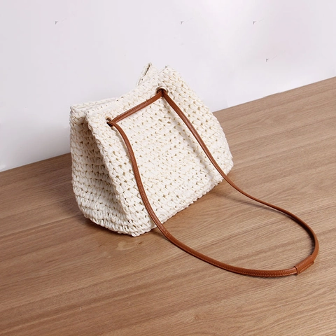 Borsa A Secchiello In Paglia Intrecciata Donna Tracolla Spiaggia Vacanze Estate Boho Con Cinturini In PU Minimalismo