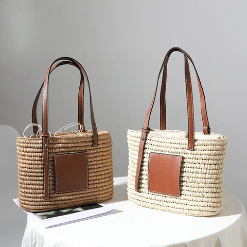 Woven Straw Tote Bag Handbag Square Handcrafted Beach Vacation Shoulder Bag With Leather Straps And Drawstring Lining