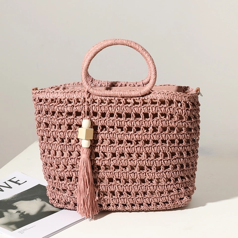 Borsa A Spalla In Paglia Intrecciata Borsa Da Spiaggia Bohemian Traforata Con Nappa Ciondolo In Perle Di Legno E Tracolla In PU Rimovibile