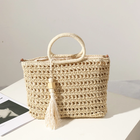 Borsa A Spalla In Paglia Intrecciata Borsa Da Spiaggia Bohemian Traforata Con Nappa Ciondolo In Perle Di Legno E Tracolla In PU Rimovibile