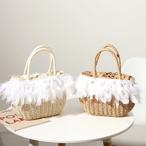 Stroh Handtasche Mit Federfransen Urlaub Strand Sommer Mode Gewebte Tasche Mit Kordelzug Innenfutter