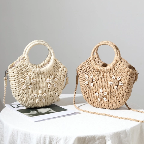 Borsa a Tracolla in Paglia Fatta a Mano con Fiori di Conchiglia Donna Bohemien Spiaggia Intrecciata Coulisse Interna Spalla Estate