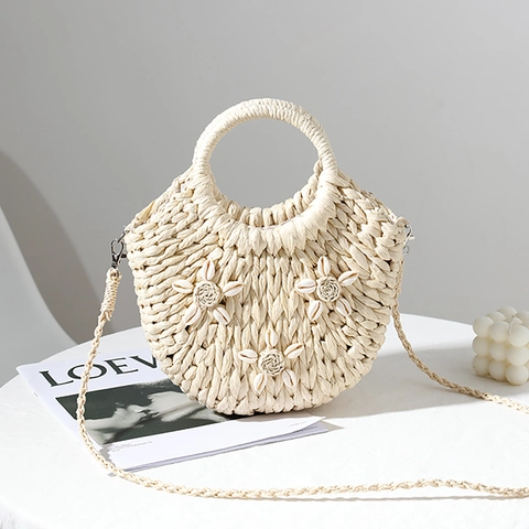 Borsa a Tracolla in Paglia Fatta a Mano con Fiori di Conchiglia Donna Bohemien Spiaggia Intrecciata Coulisse Interna Spalla Estate
