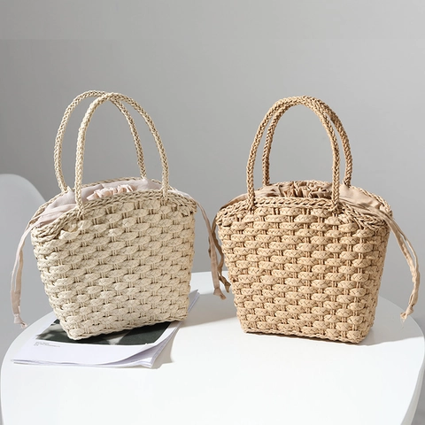 Borsa A Mano In Paglia Intrecciata Da Donna Rafia Naturale Borsa Da Spiaggia Estiva Con Tasca Interna Coulisse Vacanza