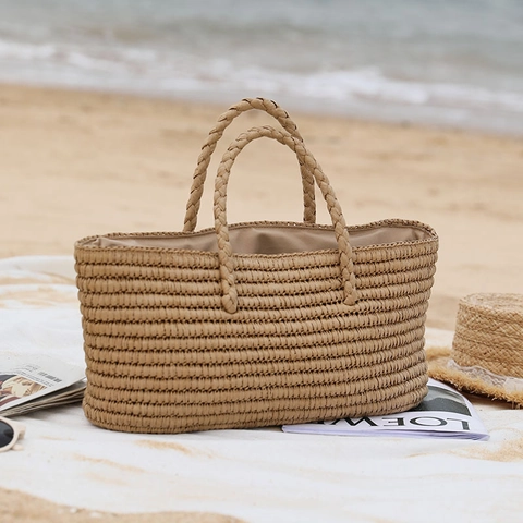 Bolso De Mano De Paja Tejido A Mano Gran Capacidad Verano Playa Vacaciones Estilo Cesta Natural Con Forro