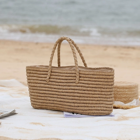 Bolso De Mano De Paja Tejido A Mano Gran Capacidad Verano Playa Vacaciones Estilo Cesta Natural Con Forro