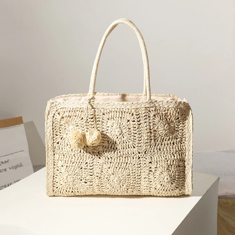 Borsa Tote in Paglia da Donna Grande Capacità Traforata all'Uncinetto Borsa a Tracolla Con Pompon Borsa da Spiaggia Casual per Vacanza