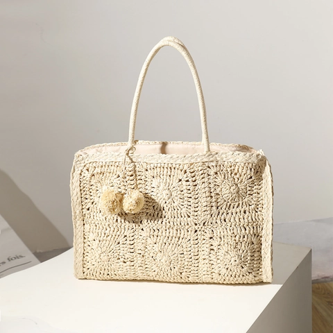 Borsa Tote in Paglia da Donna Grande Capacità Traforata all'Uncinetto Borsa a Tracolla Con Pompon Borsa da Spiaggia Casual per Vacanza
