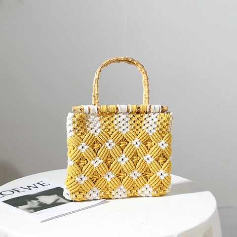 Borsa A Mano In Corda Di Cotone Intrecciata A Mano Manici In Bambù Naturale Motivo A Rombi Macramè Boho Spiaggia Estate Donna