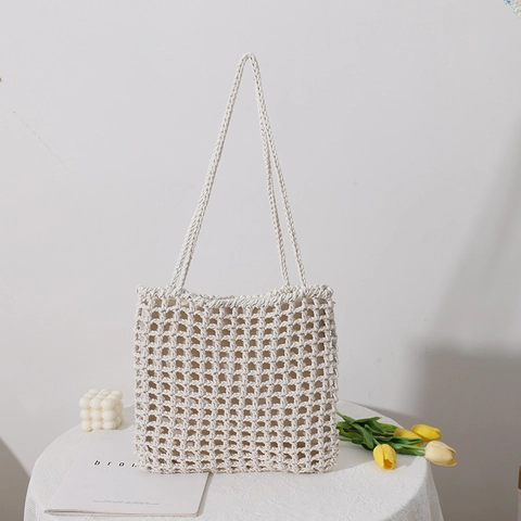 Sac À Bandoulière Tissé En Coton Crochet Maille Ajourée Sac À Main Fourre-Tout Vacances D'Été Style Vintage Pour Femmes