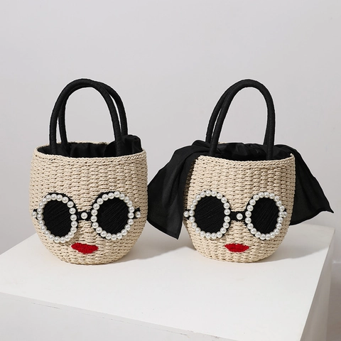 Damen Stroh Eimer Handtasche Süßes Gesicht Künstliche Perle Sonnenbrille Rote Lippen Dekor Sommer Strand Urlaub Mode Tasche